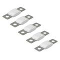 Five Victron MEGA blade fuses with white ceramic bodies and gray metal end plates, arranged in descending diagonal order on w