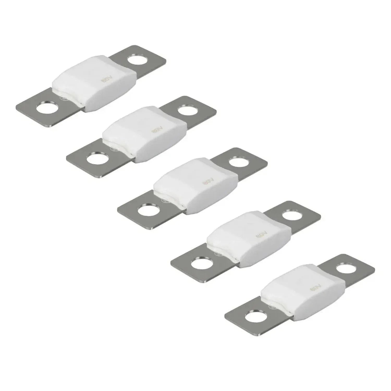 Five Victron MEGA blade fuses with white ceramic bodies and gray metal end plates, arranged in descending diagonal order on w