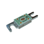 Victron CNN325 fuse with copper terminals and green mounting block, showing DIN specification markings on metal bracket.