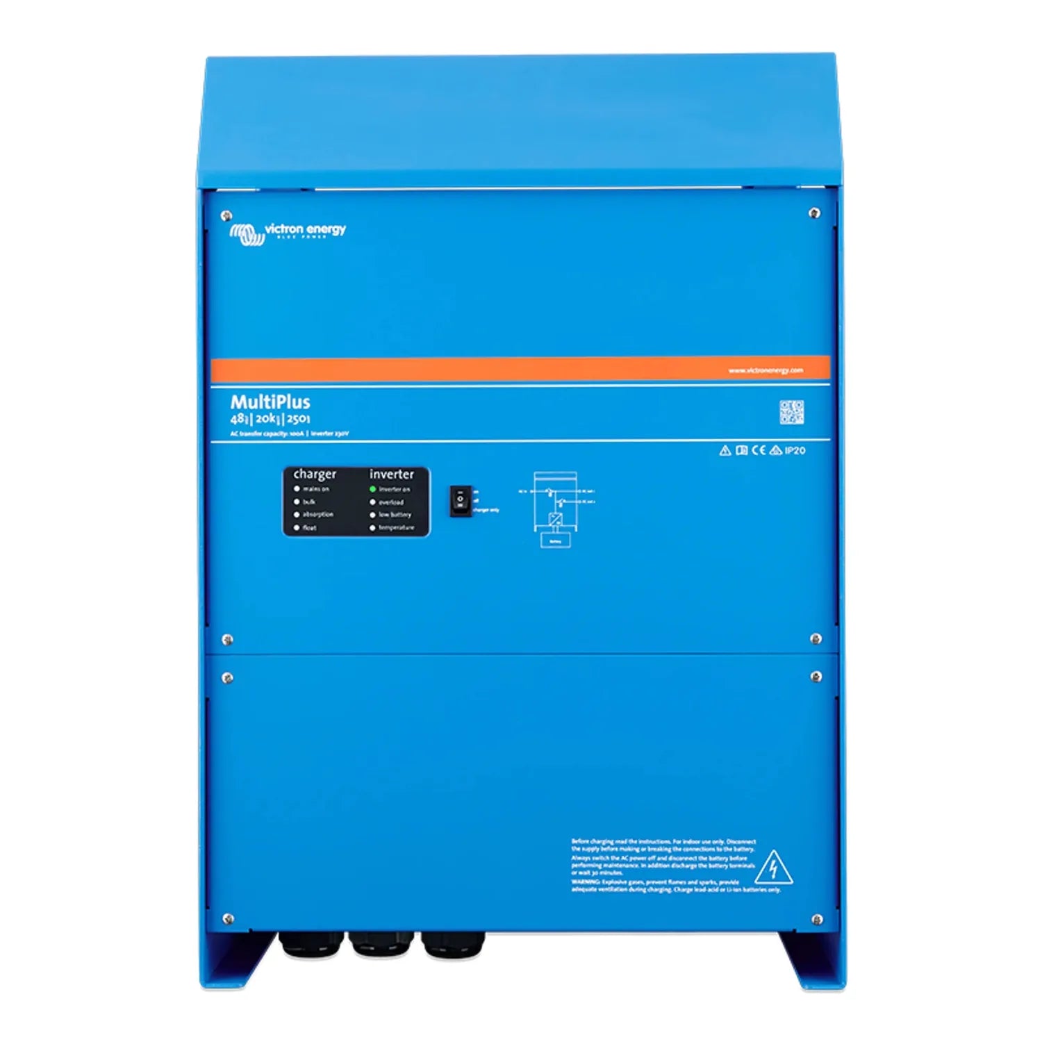 Victron Energy MultiPlus 48/20k/250i blue inverter charger unit, front view showing status indicators and connectors.