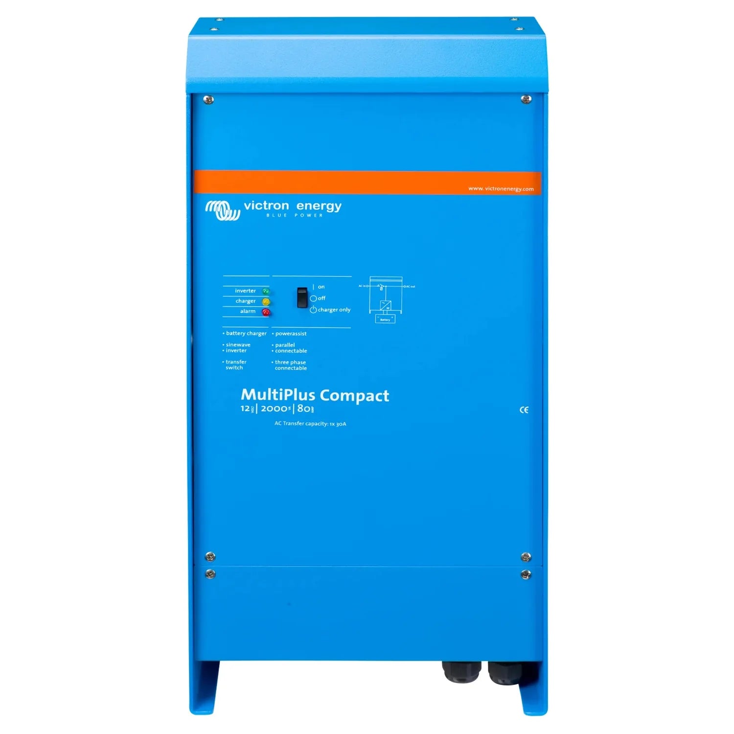 Victron Energy MultiPlus Compact 12/2000/80 inverter charger, blue enclosure with orange stripe and control panel showing sta