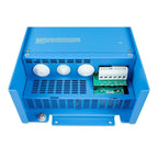 Top-down view of blue inverter charger showing three cooling vents, terminal block connectors, internal circuit board, and mo