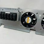 Cooling fan assembly with three black axial fans mounted on aluminum bracket with terminal blocks and AC input/output connect