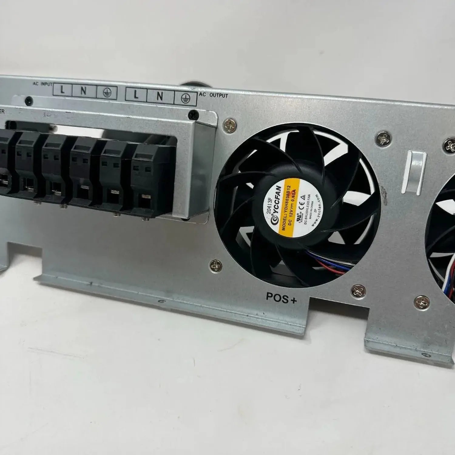 Cooling fan assembly with three black axial fans mounted on aluminum bracket with terminal blocks and AC input/output connect
