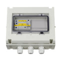 White wall-mounted enclosure with clear cover showing internal electrical components including yellow-labeled relays K1, K2, 