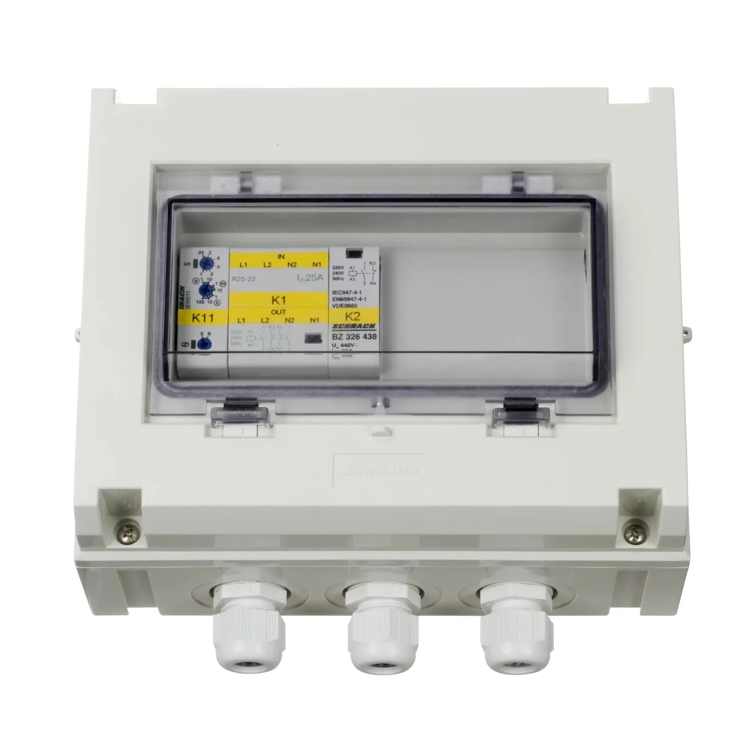 White wall-mounted enclosure with clear cover showing internal electrical components including yellow-labeled relays K1, K2, 
