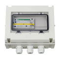 White electrical enclosure with open door revealing circuit breaker components, control modules labeled K1, K11, K2, and thre