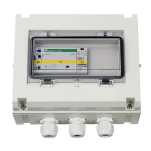 White electrical enclosure with open door revealing circuit breaker components, control modules labeled K1, K11, K2, and thre