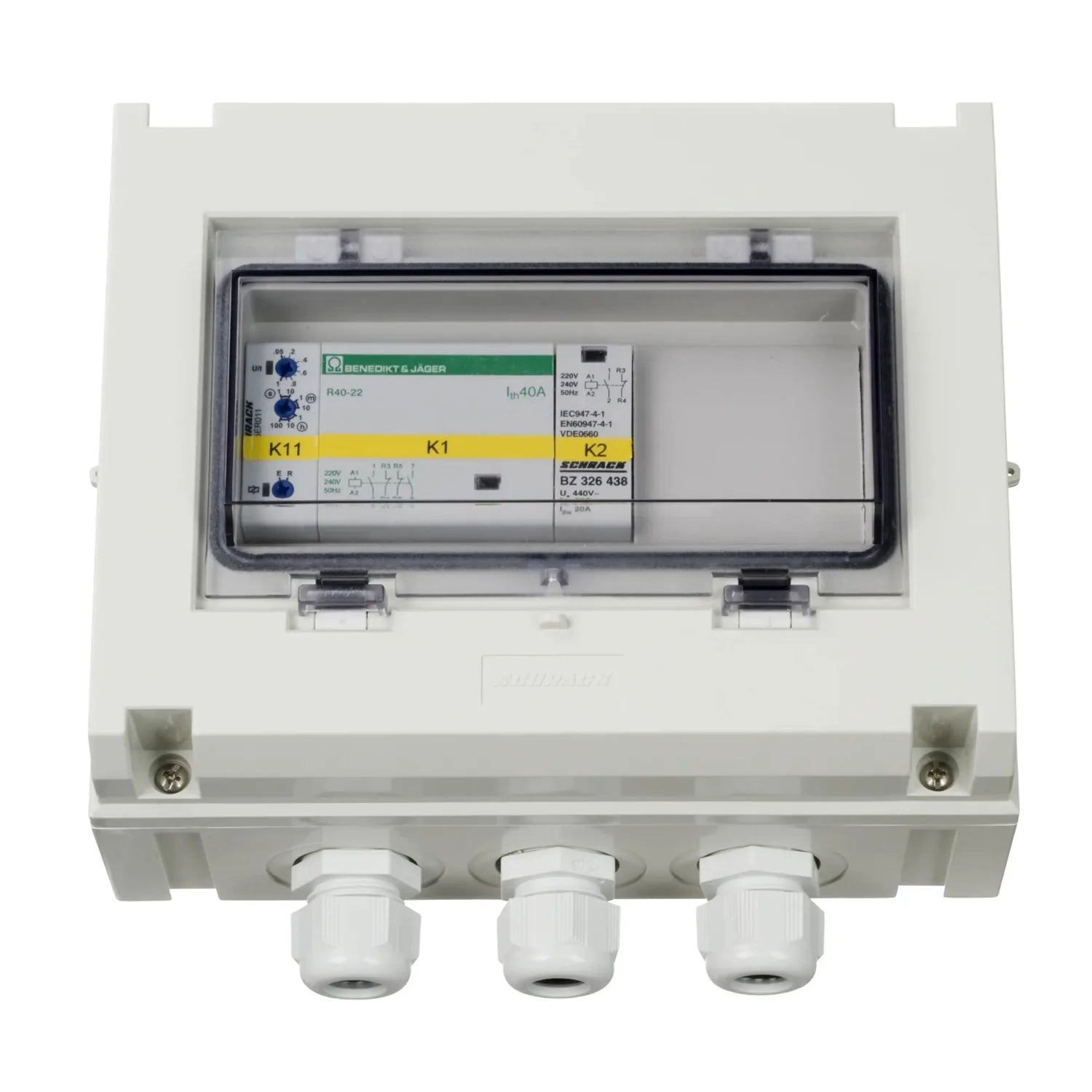 White electrical enclosure with open door revealing circuit breaker components, control modules labeled K1, K11, K2, and thre