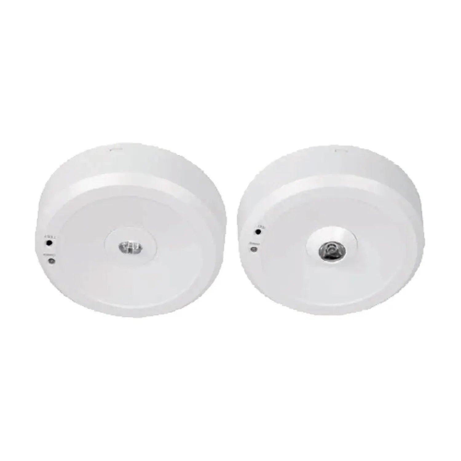 Two white round LED emergency spot lights shown front view, displaying center lens and small indicator lights on housing.