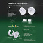 Emergency downlight product specification sheet showing recessed and surface mounting options, components, battery type, and 