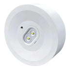 White circular LED emergency spot light with dual yellow indicator lights, product shot on white background.