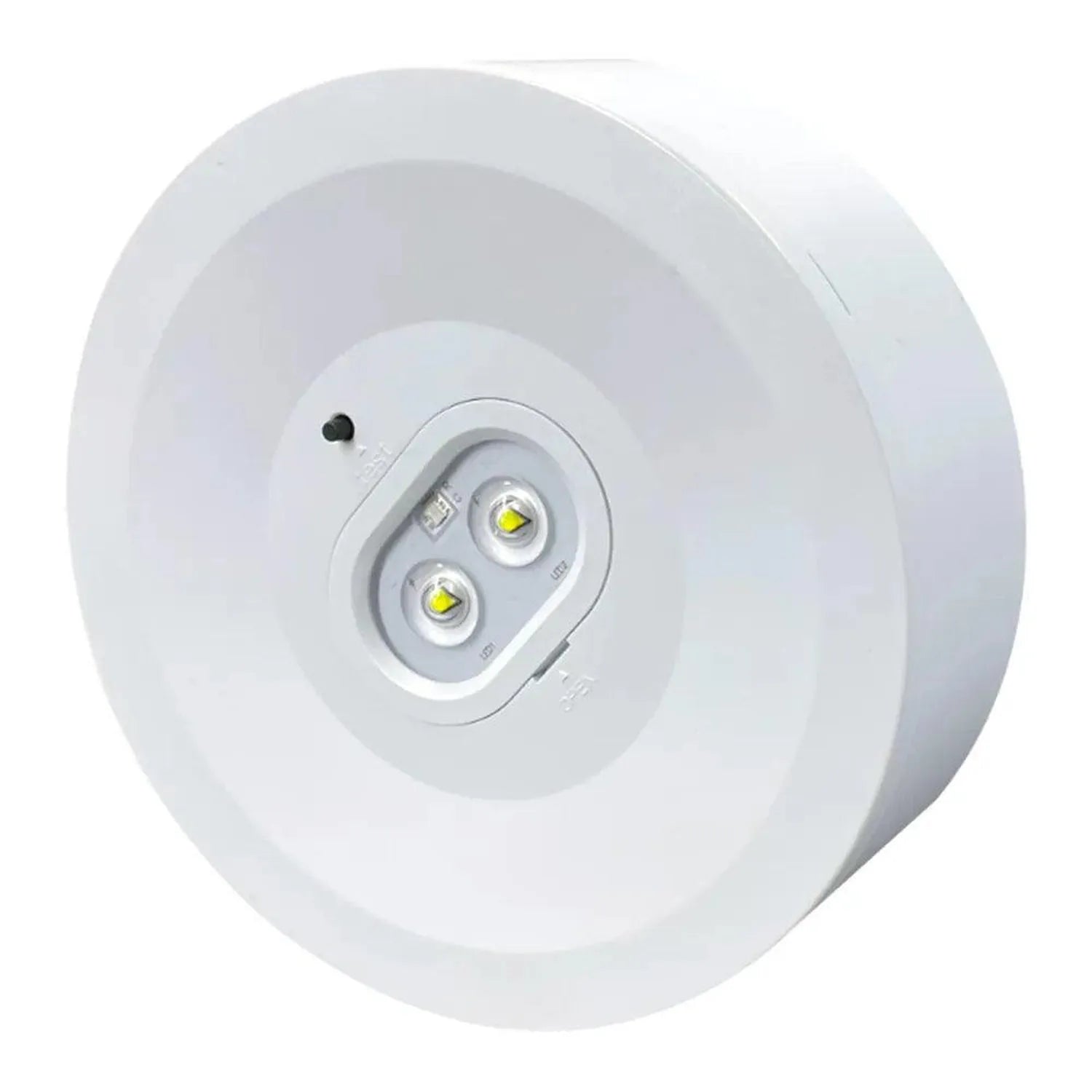 White circular LED emergency spot light with dual yellow indicator lights, product shot on white background.