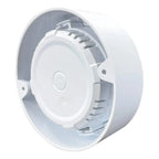 White round LED emergency spot light with gray interior housing and ventilation slots, shown from angled view.