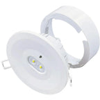 White recessed LED emergency spotlight with two yellow indicator lights and adjustable bracket, product shot on white backgro