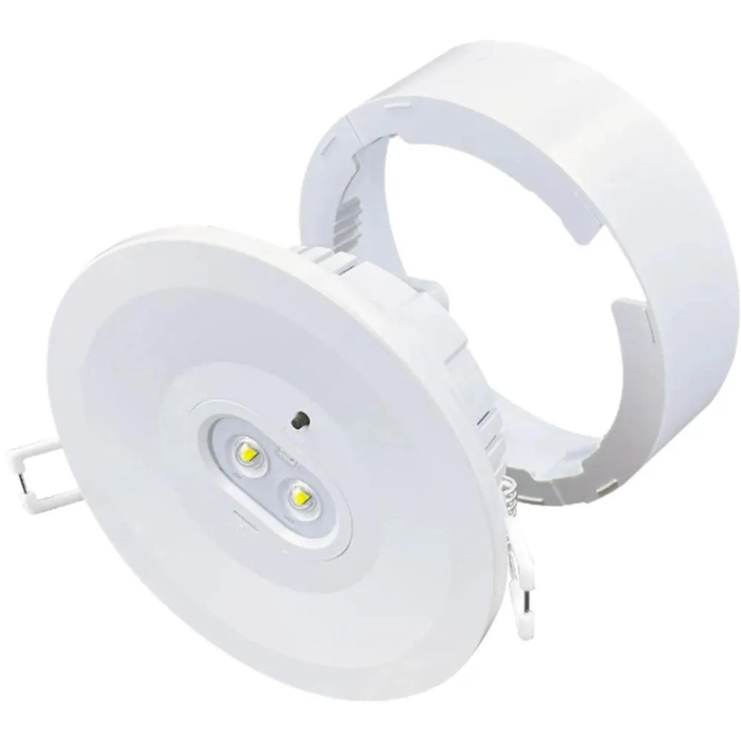 White recessed LED emergency spotlight with two yellow indicator lights and adjustable bracket, product shot on white backgro