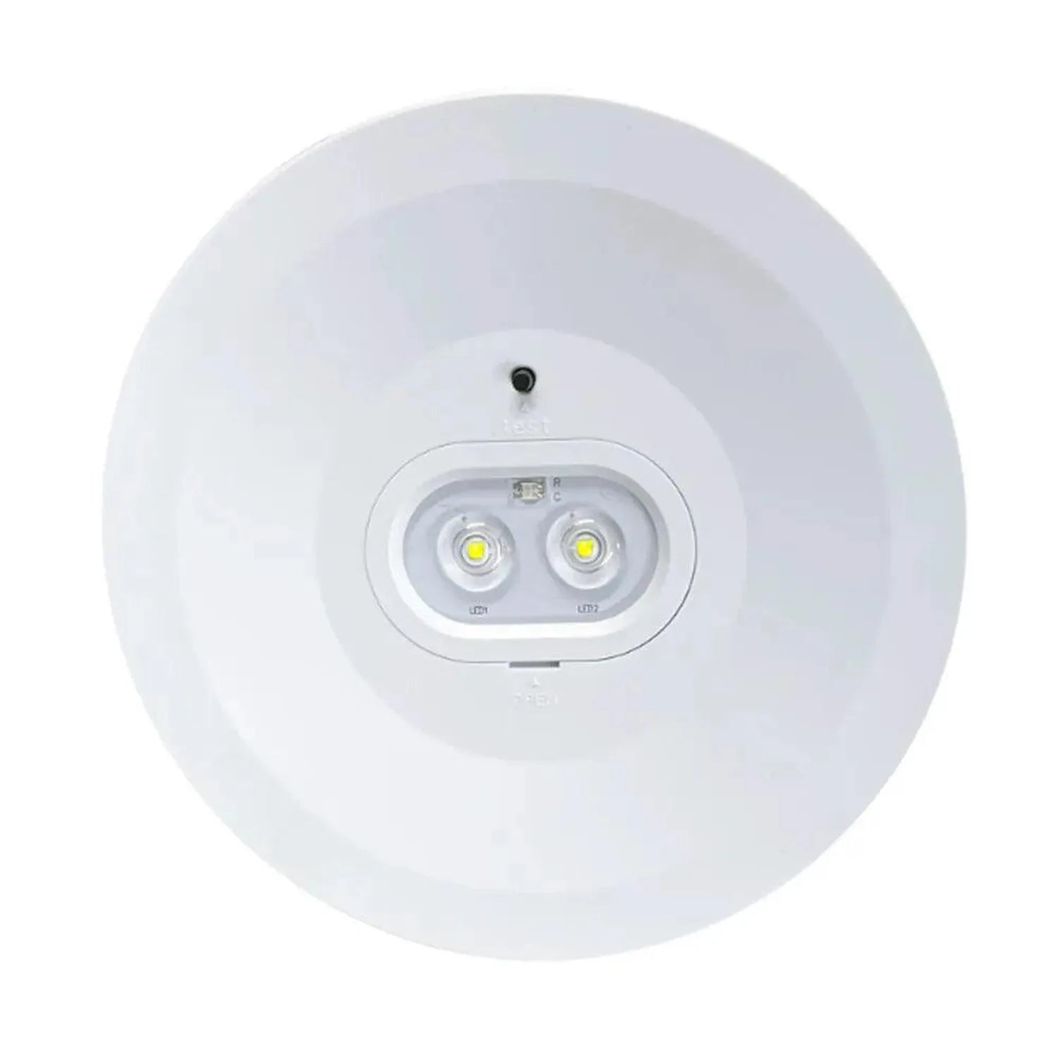 White circular ceiling-mounted emergency light with dual LED spotlights and small camera or sensor at top, viewed from below.