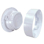 White LED emergency light shown disassembled with circular base unit and separate curved mounting bracket component.