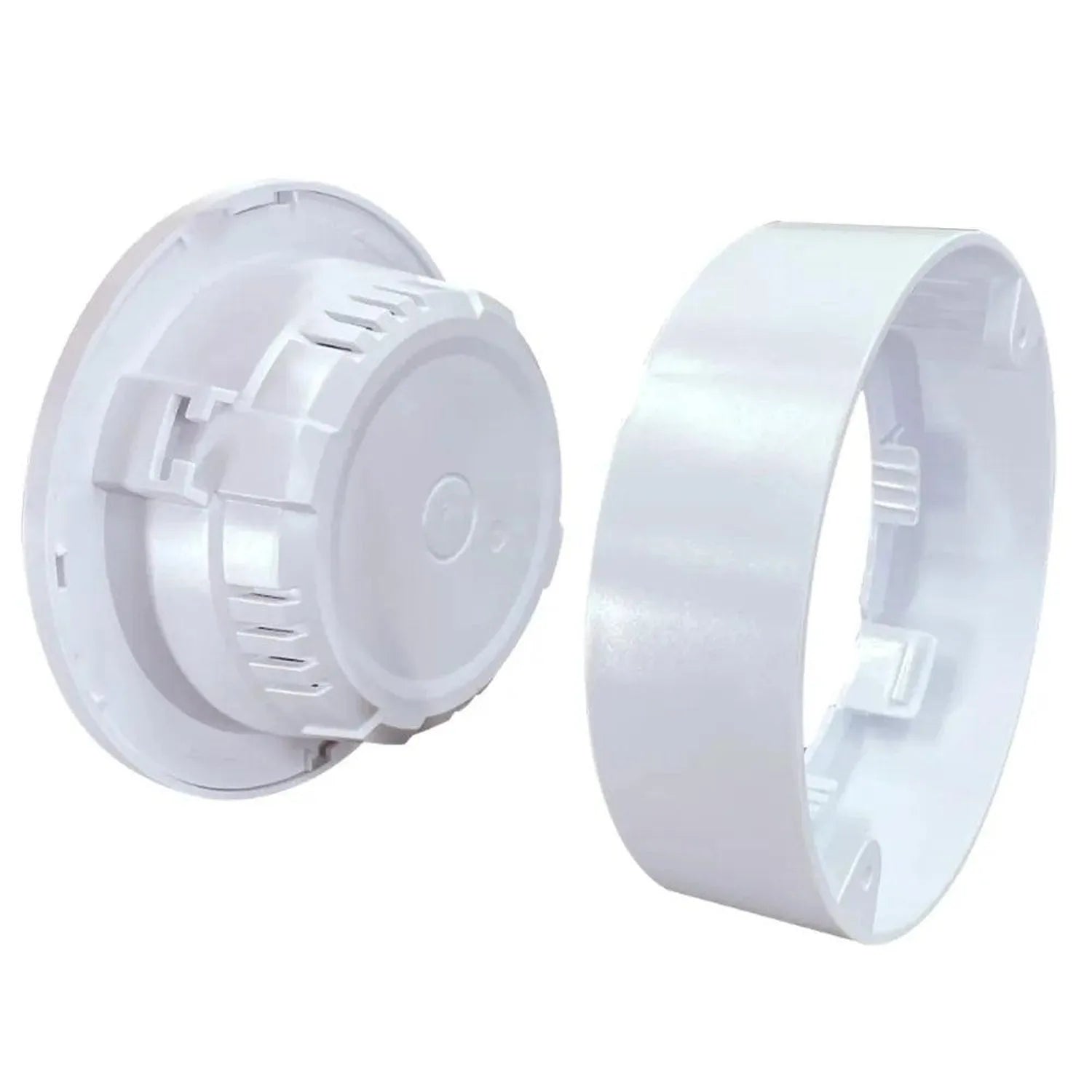 White LED emergency light shown disassembled with circular base unit and separate curved mounting bracket component.