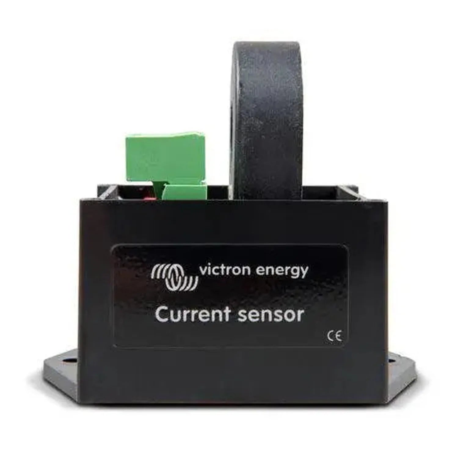 Victron Energy current sensor with black housing, green terminal block, and black toroidal coil on top.