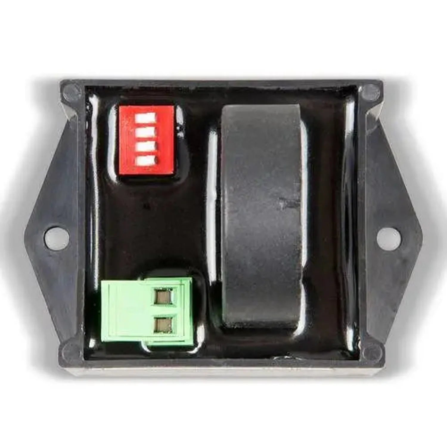 Interior view of AC current sensor showing red indicator block, green terminal connectors, and black housing components mount