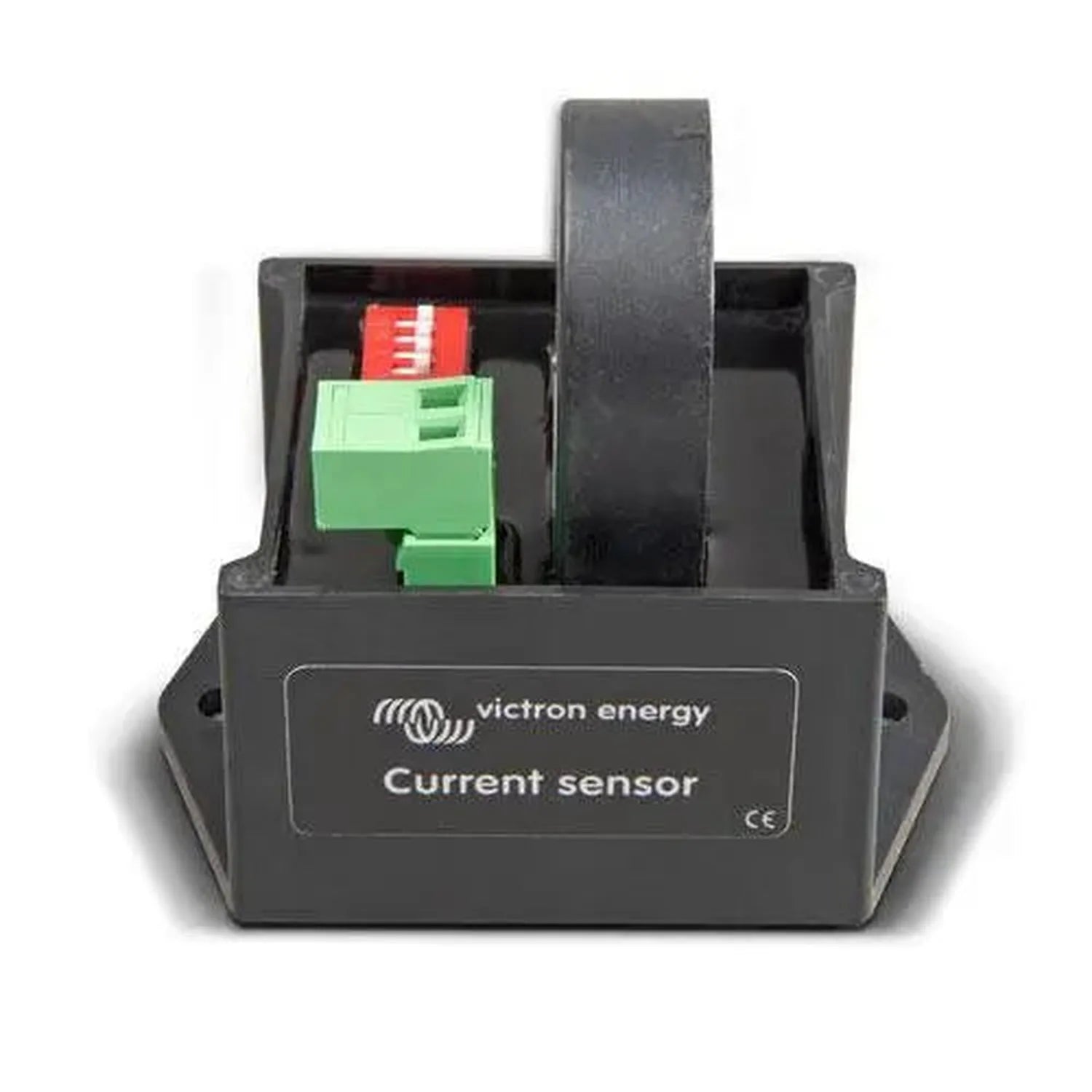 Victron Energy current sensor with black housing, green terminal block, red indicator, and black toroidal coil mounted on top