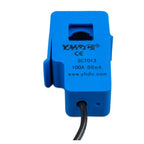 Blue current transformer with cable, model SCT013 rated 100A:50mA, front view showing sensor opening and mounting clip.