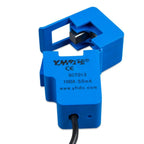 Blue split-core current transformer with handle, labeled SCT013, 100A 50mA, black cable attached, product shot on white backg