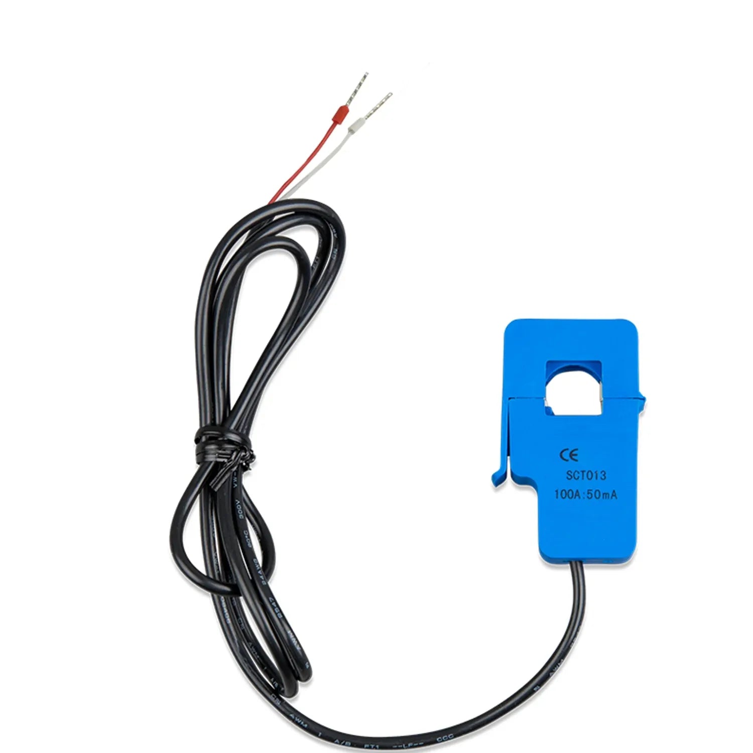 Blue current transformer with 20-meter black cable and red and gray wire leads, labeled SCT013 100A:50mA.