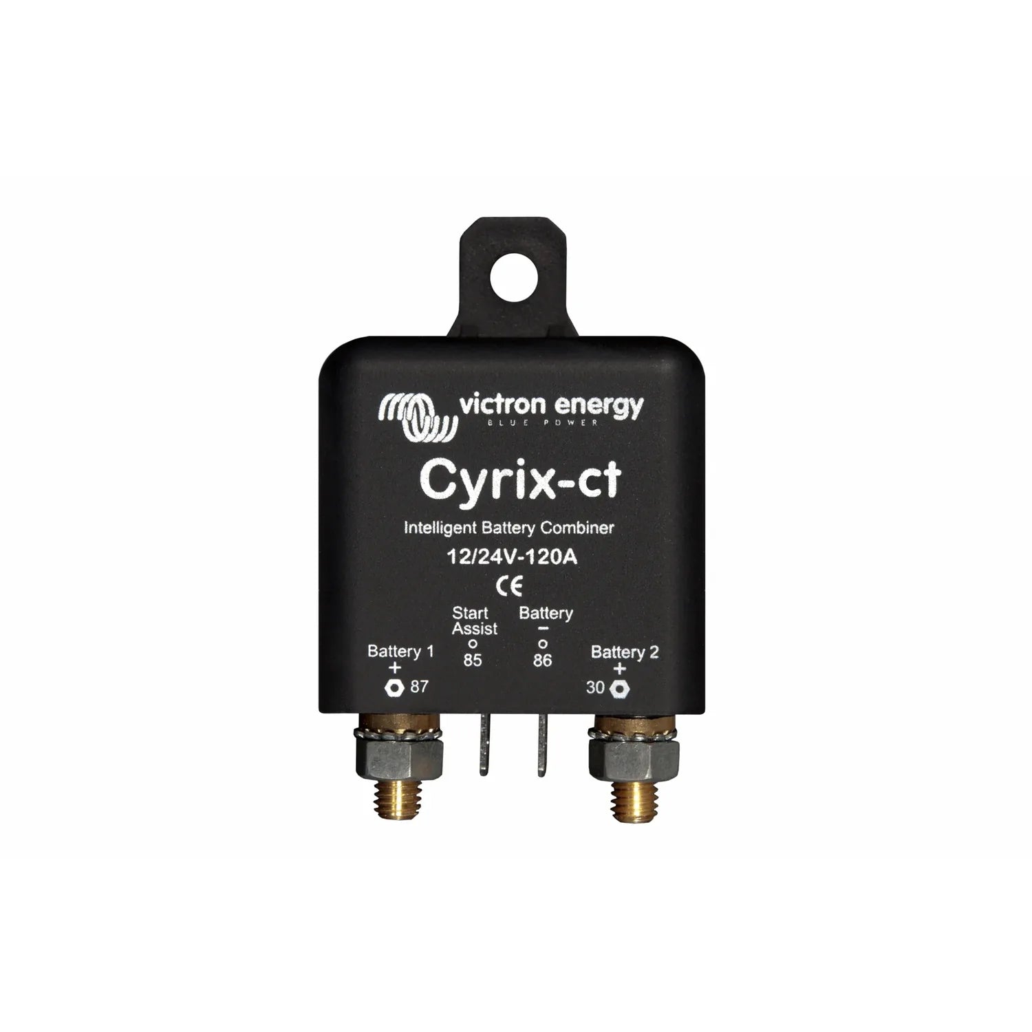 Victron Energy Cyrix-ct intelligent battery combiner device with two brass terminals, mounting bracket, and labeled connectio