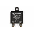 Victron Energy Cyrix-ct intelligent battery combiner with dual brass terminals and mounting bracket against white background.