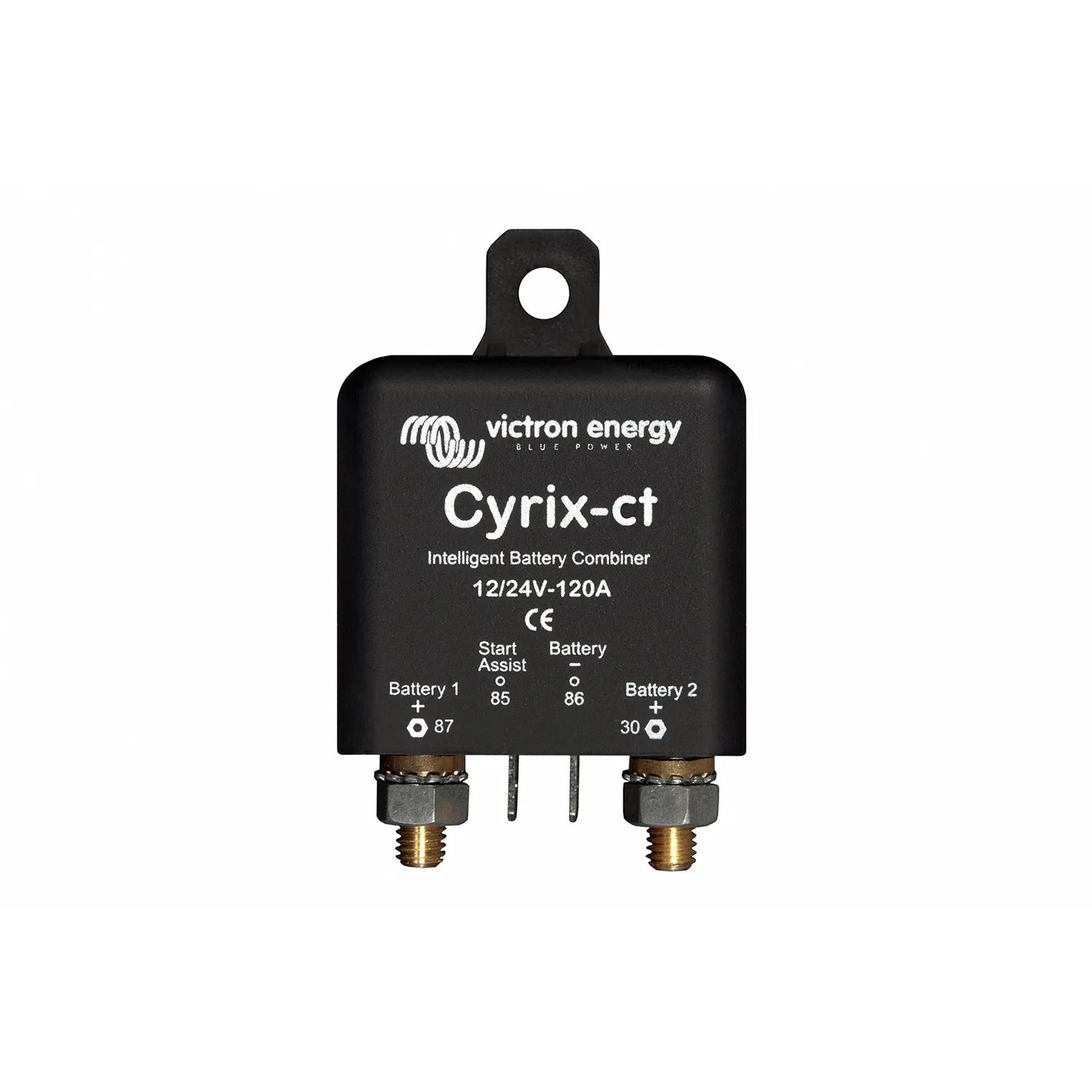 Victron Energy Cyrix-ct intelligent battery combiner with dual brass terminals and mounting bracket against white background.
