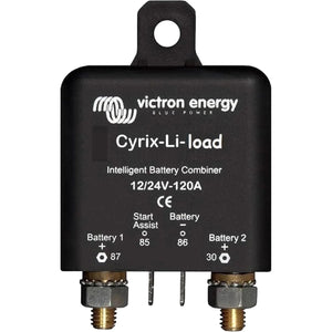 Victron Energy Cyrix-Li-load intelligent battery combiner, black rectangular device with two brass terminals and mounting bra