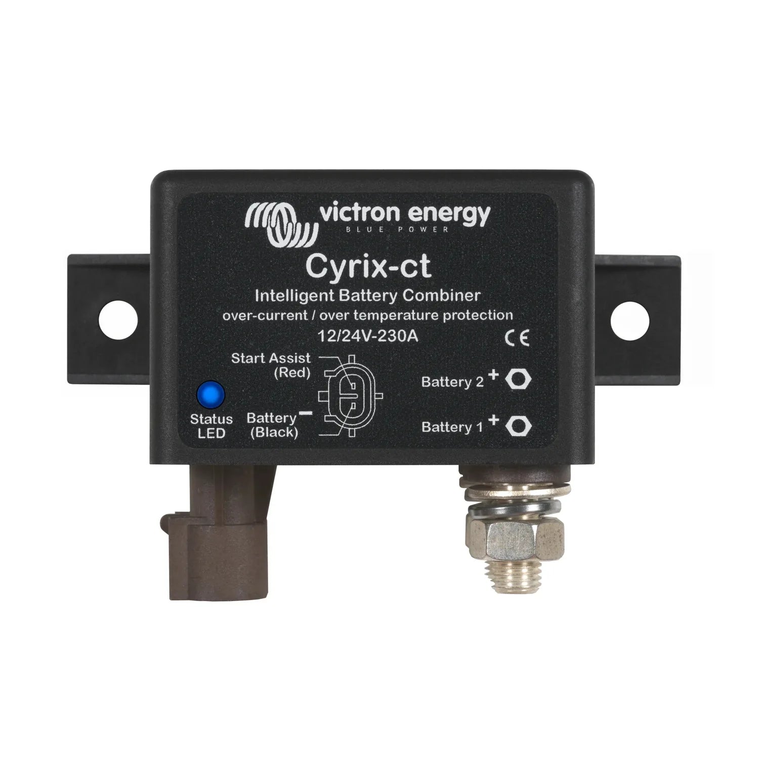 Victron Energy Cyrix-ct intelligent battery combiner with dual battery terminals and mounting brackets, front view product sh