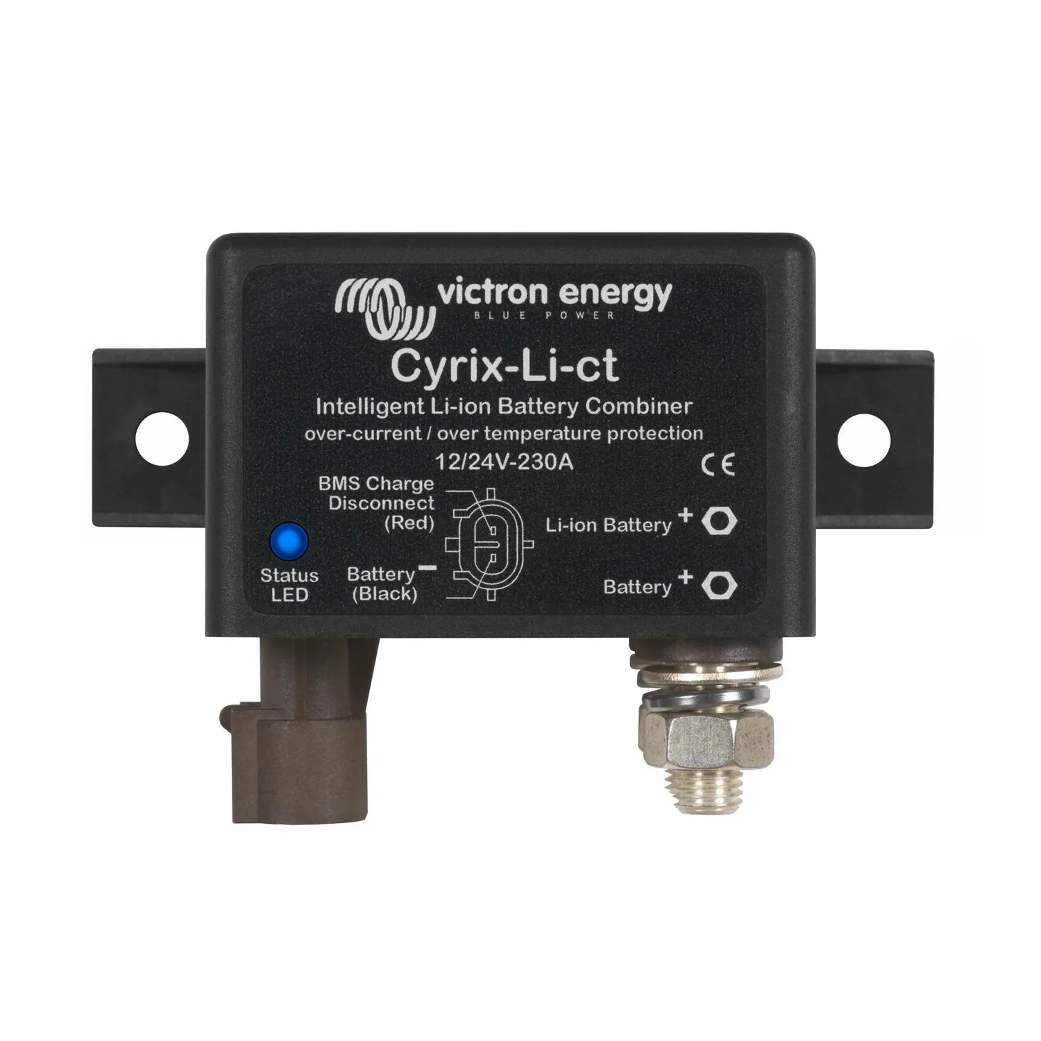 Victron Cyrix-Li-ct intelligent Li-ion battery combiner device with blue status LED, black housing, and terminal connections.