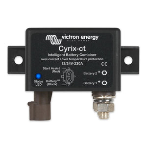 Victron Energy Cyrix-ct intelligent battery combiner with blue status LED, black housing, and dual battery terminals.