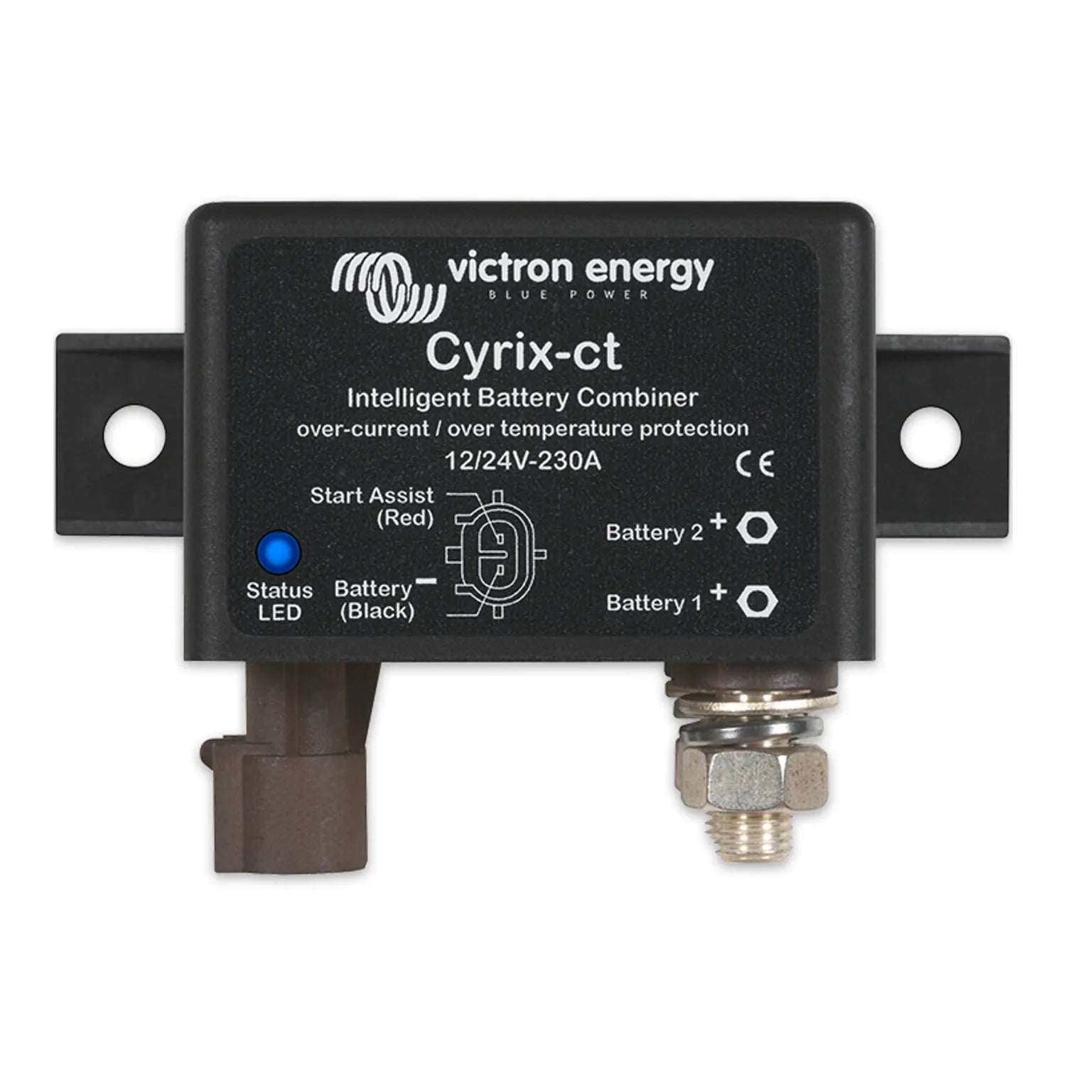 Victron Energy Cyrix-ct intelligent battery combiner with blue status LED, black housing, and dual battery terminals.