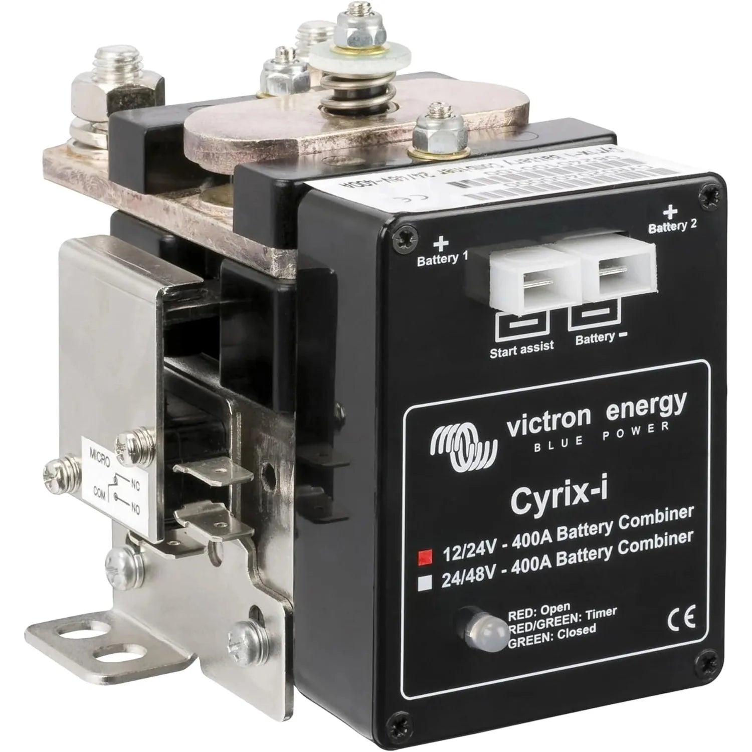 Victron Cyrix-i battery combiner unit showing black control box with terminals and silver metal mounting bracket.