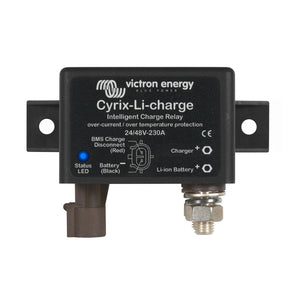 Victron Energy Cyrix-Li-charge intelligent charge relay with black housing, blue status LED, and terminal connections for bat