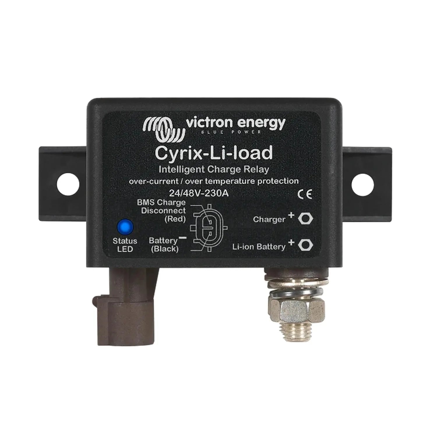 Victron Energy Cyrix-Li-load intelligent charge relay with blue status LED, black housing, and connection terminals for charg