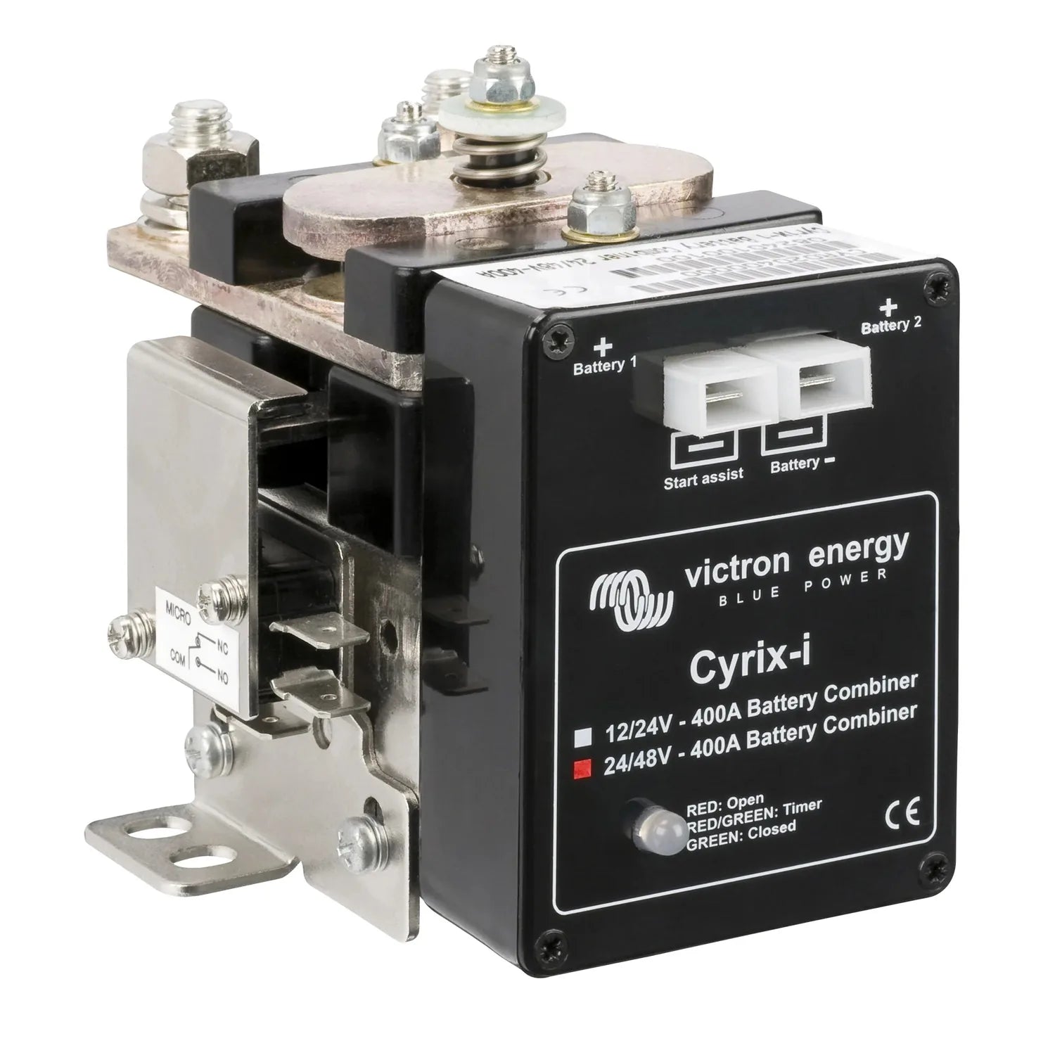 Victron Energy Cyrix-i battery combiner unit with black control panel, silver metal housing, and dual battery connectors moun