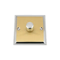 Satin brass LED dimmer switch with chrome trim and rotary knob, product shot on white background.