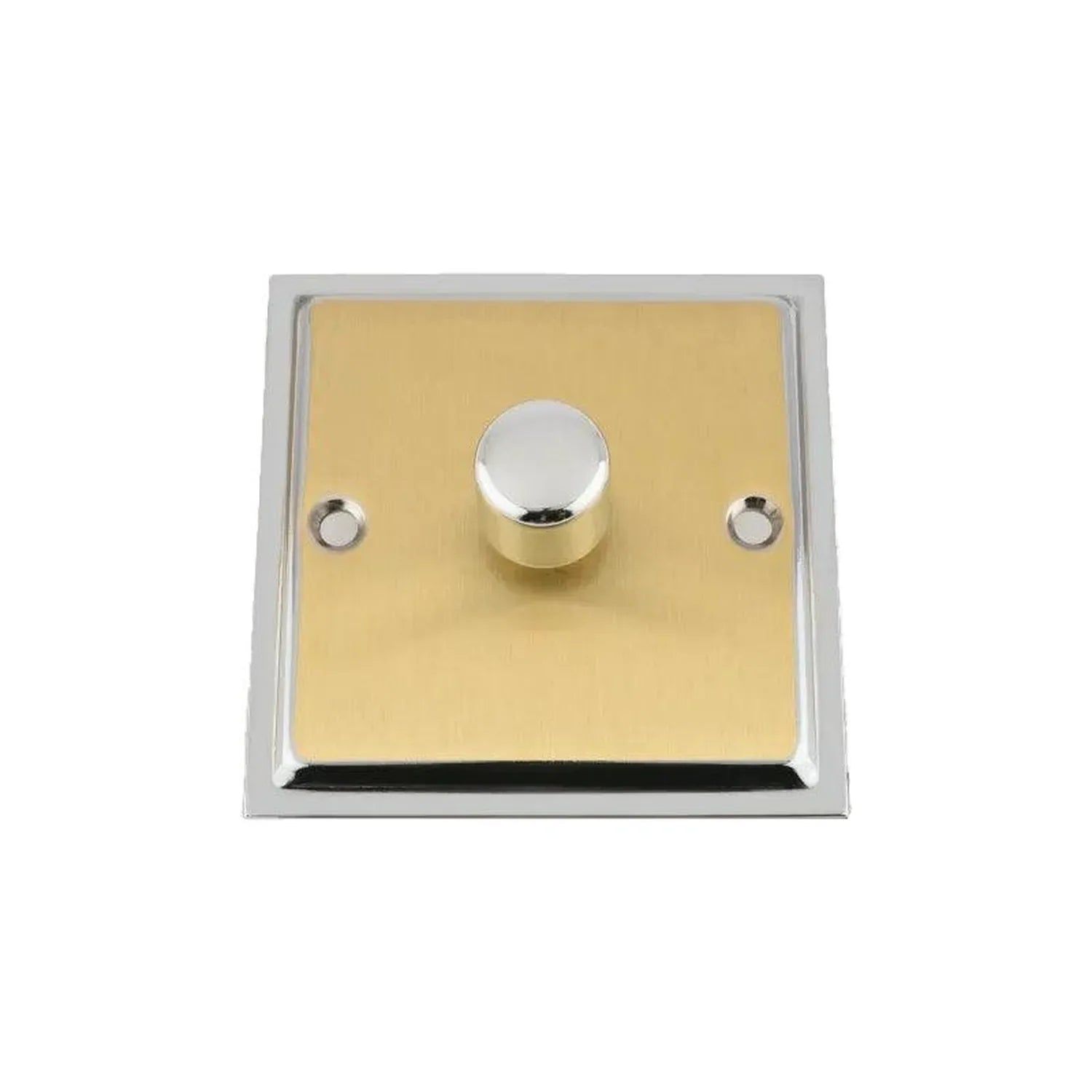 Satin brass LED dimmer switch with chrome trim and rotary knob, product shot on white background.