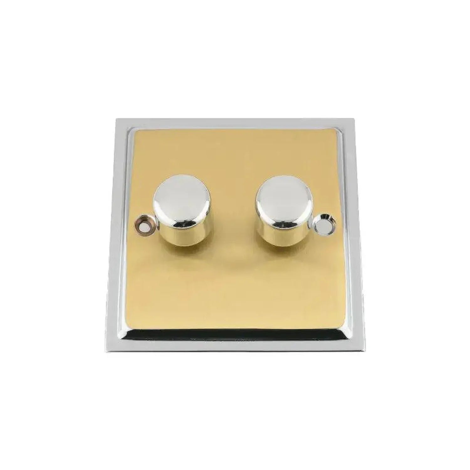 Two-gang brass dimmer switch with chrome knobs and white trim ring on white background.
