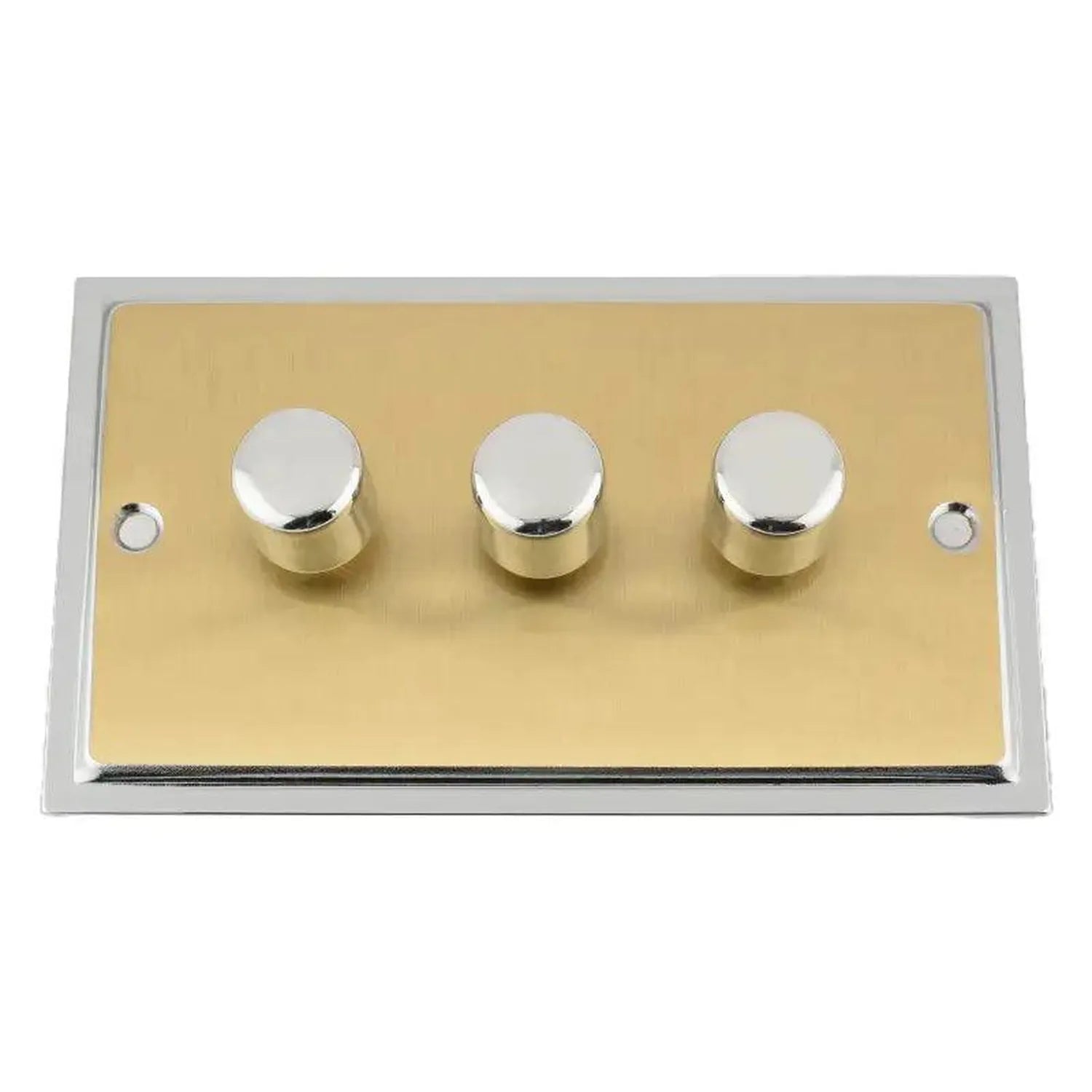 Three-gang brass dimmer switch with chrome knobs and silver frame, product shot on white background.