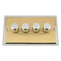 Four-gang dimmer switch with satin brass faceplate and polished chrome knobs, product shot on white background.