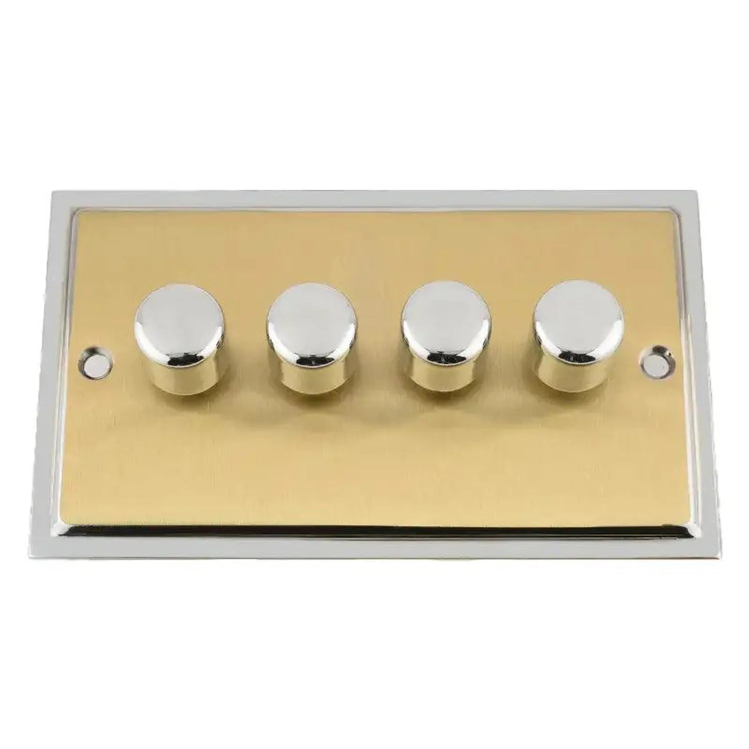 Four-gang dimmer switch with satin brass faceplate and polished chrome knobs, product shot on white background.