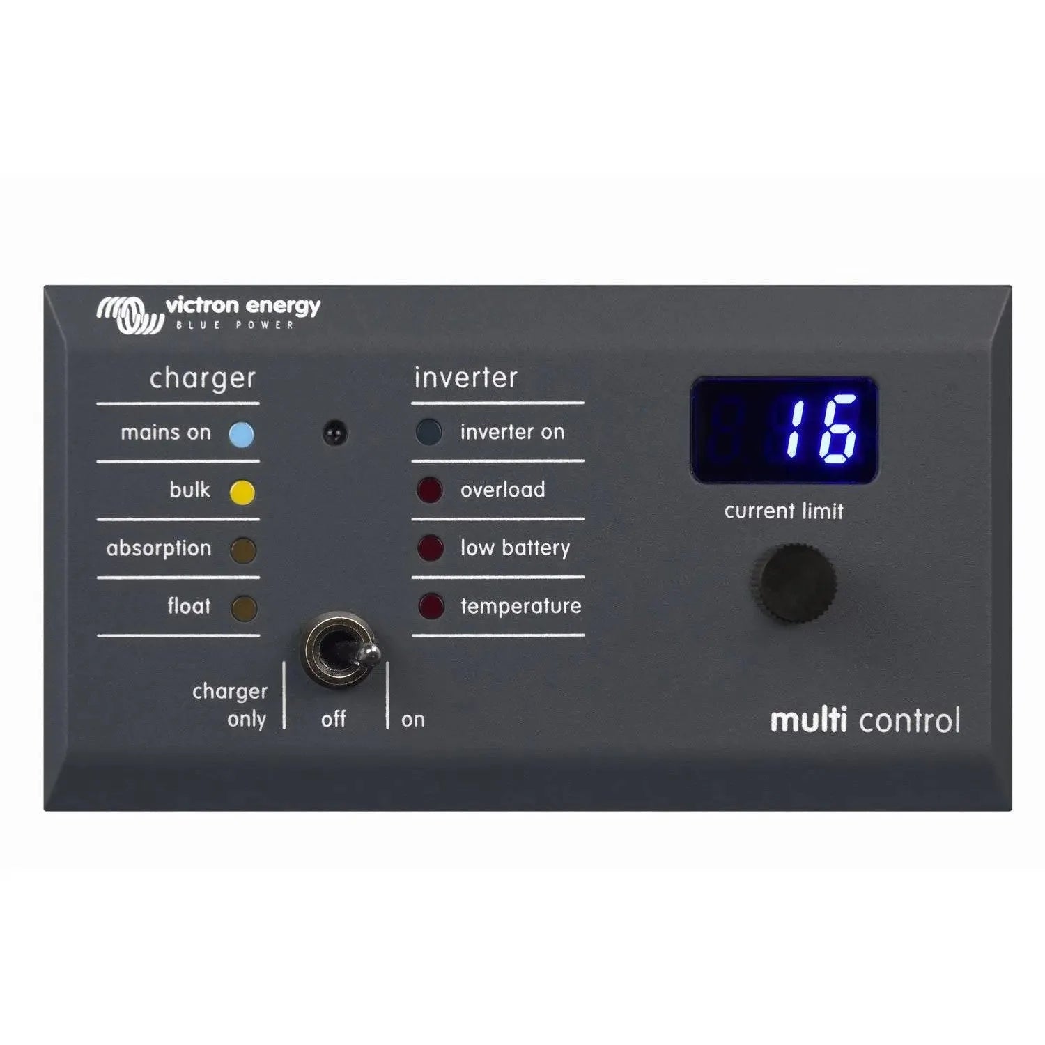 Victron Energy Blue Power multi control panel displaying charger and inverter status indicators, current limit reading of 16,