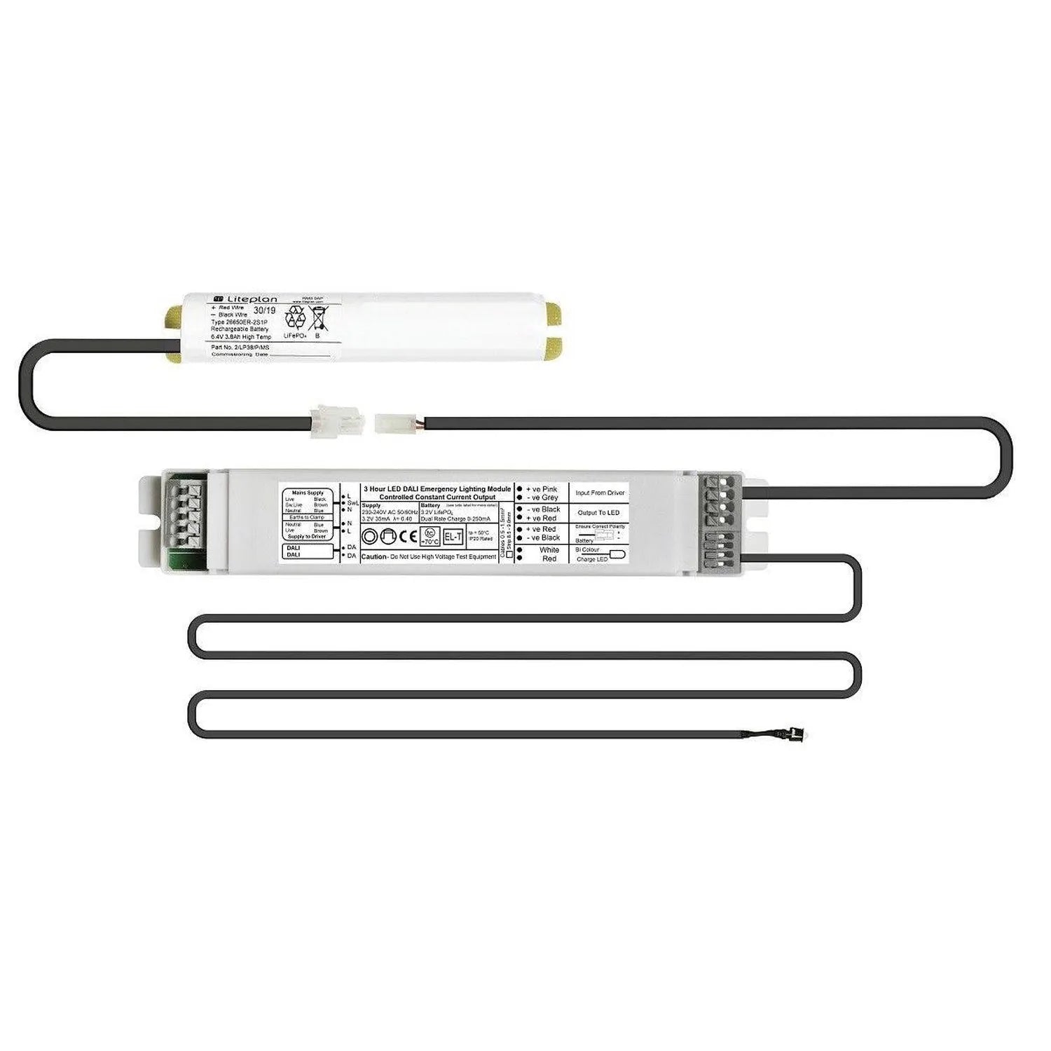 Emergency lighting module with battery pack and wiring harness displayed in exploded view arrangement.