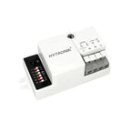 Hytronik daylight sensor photocell switch with white body, terminal blocks, and black control panel with numbered switches 1-